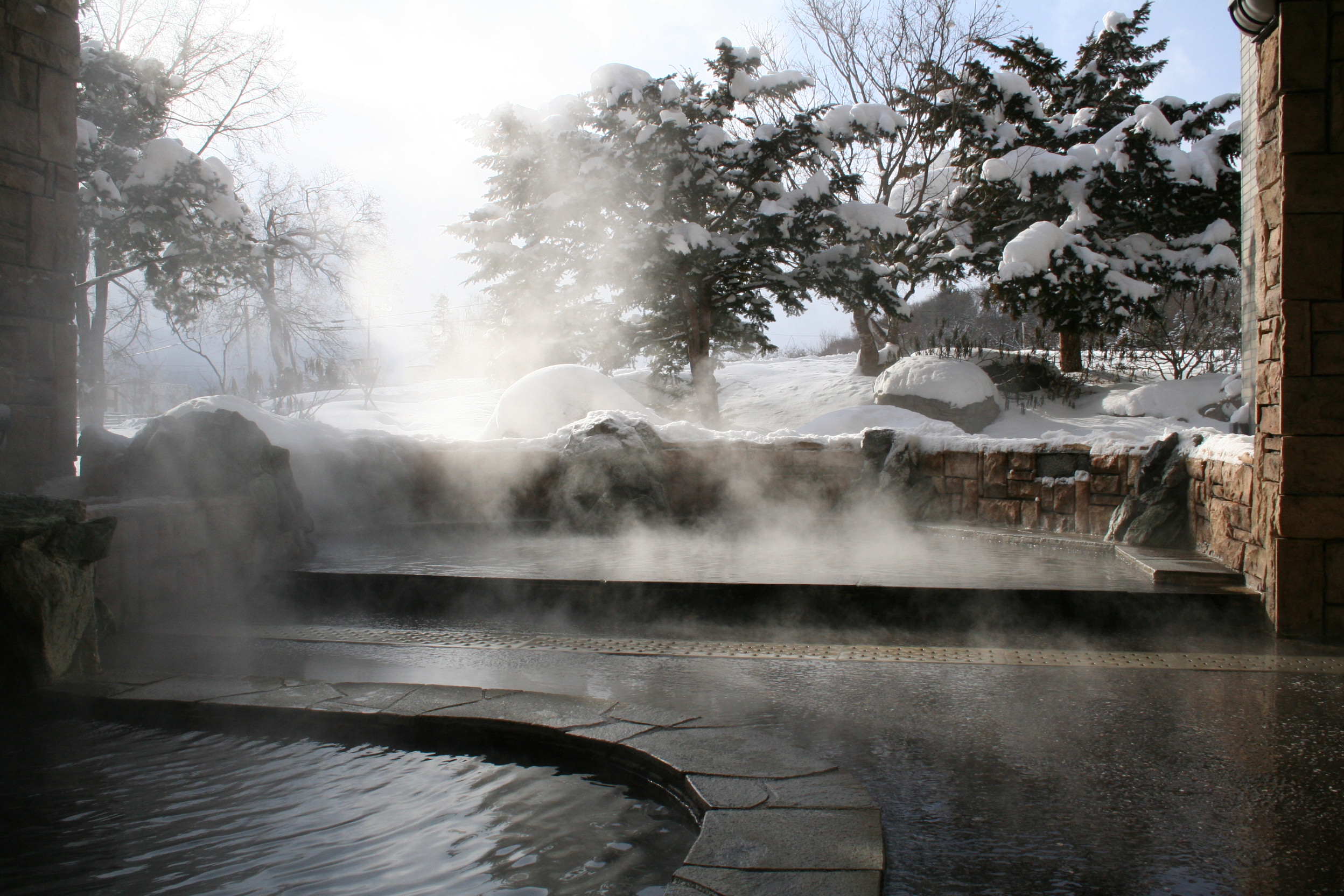 Steam rises from the outdoor hot-spring baths at Oe Honke beside snow-covered trees.
